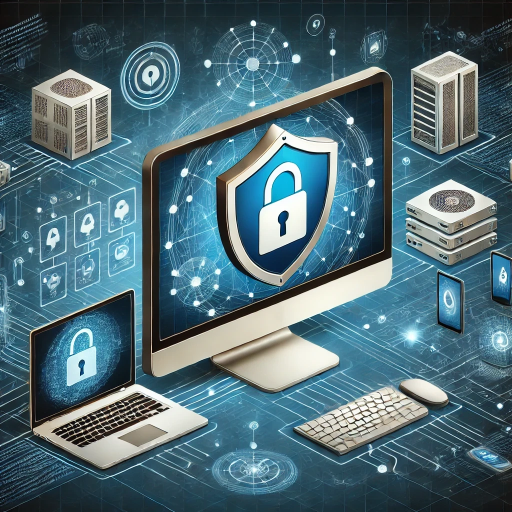 n image illustrating CyberArk Endpoint Privilege Manager (EPM). The image features a computer screen displaying a digital lock and shield icon, symbolizing security and protection. Surrounding the central screen are various digital devices and components, representing comprehensive endpoint protection across different platforms and environments. This visual highlights the importance of managing endpoint privileges to enhance security and prevent unauthorized access.