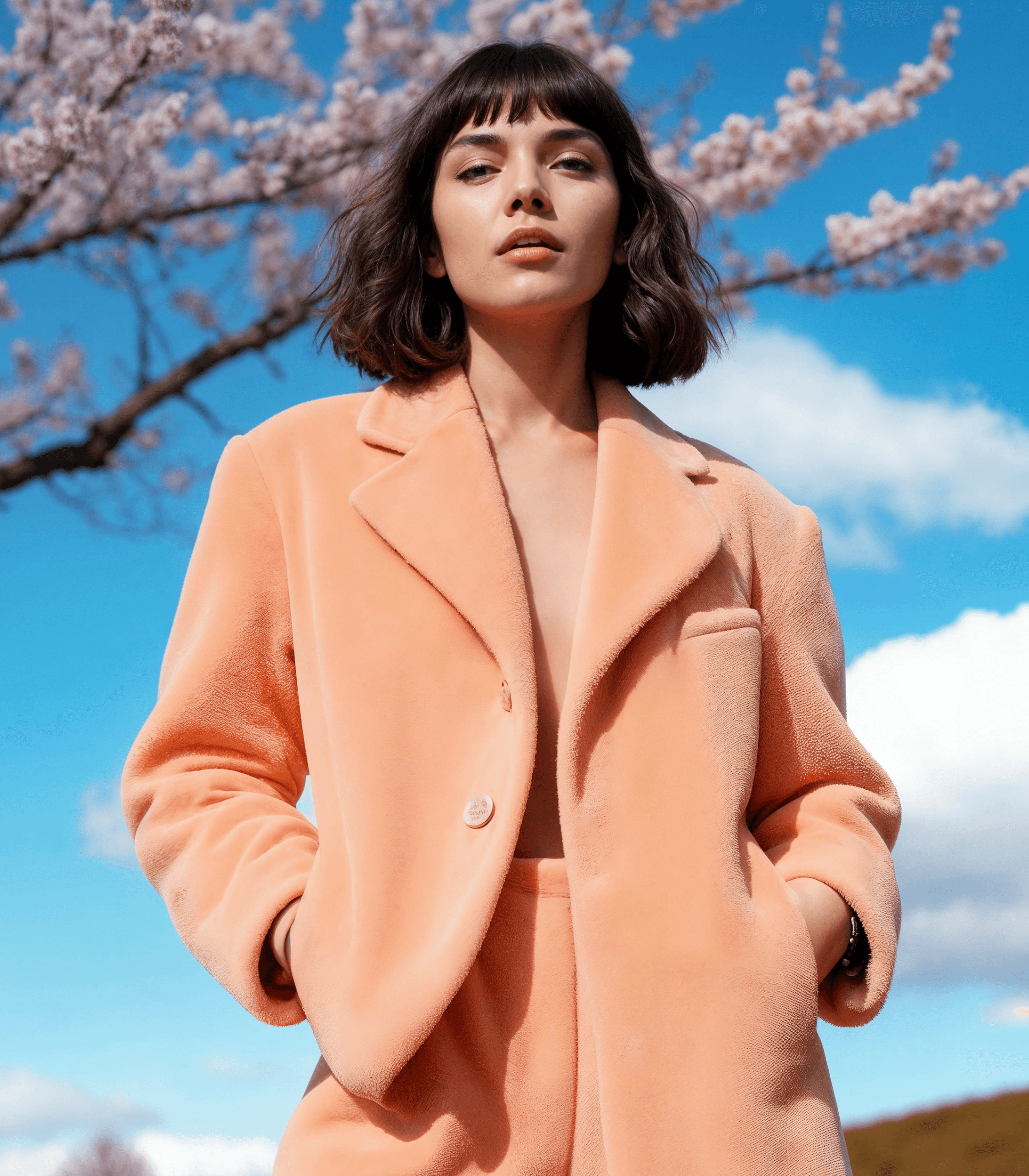 A woman in a peach coat posing under cherry blossom trees.