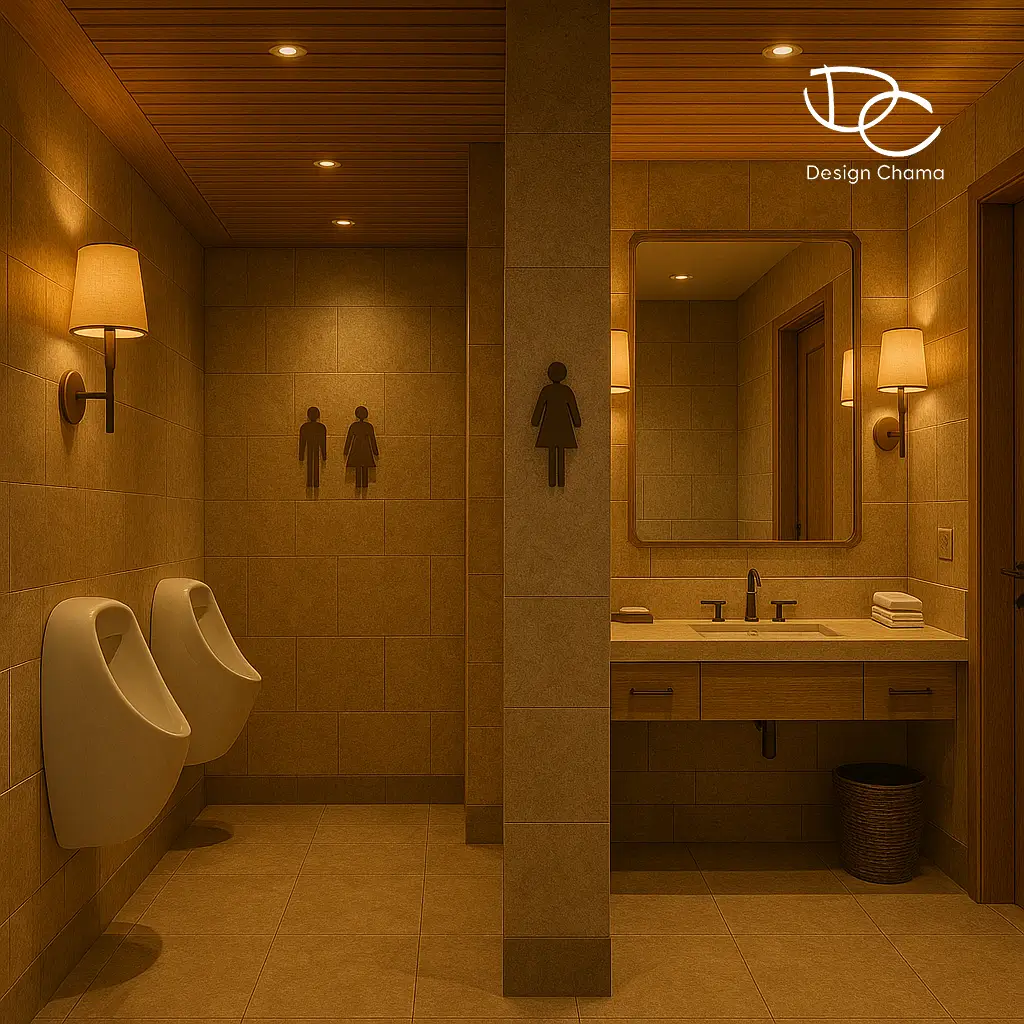 Τουαλέτες ανδρών και γυναικών με πολυτελή υλικά, minimal φωτισμό και κομψό διαχωρισμό χώρων.