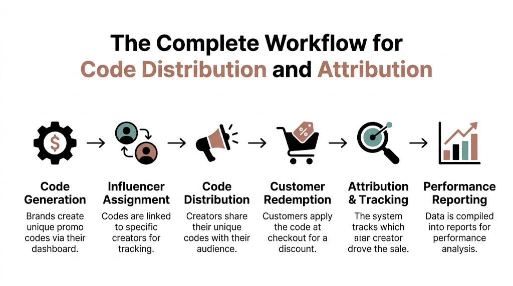 A diagram illustrating the complete workflow for promo code distribution and attribution in influencer marketing campaigns.