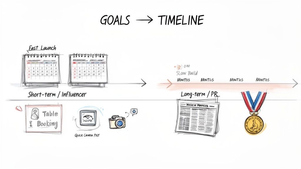 A timeline graphic comparing short-term influencer marketing with long-term public relations strategies for business goals.
