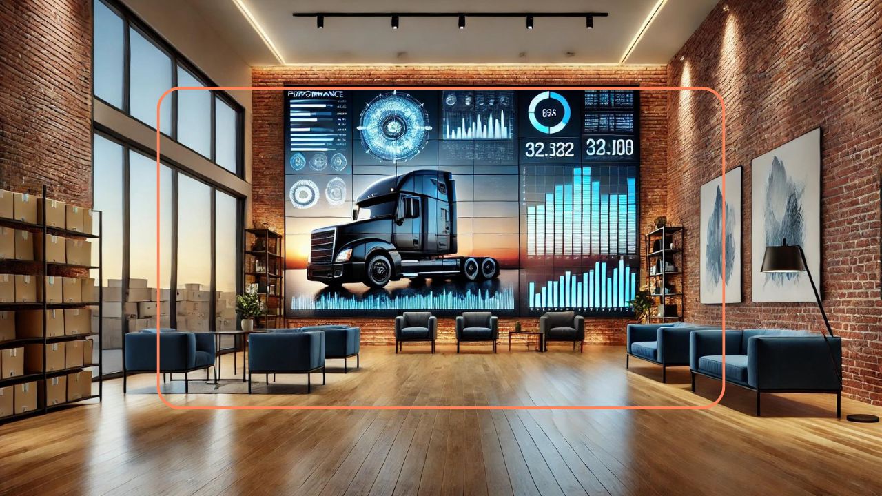 Modern office with a large digital wall display showing truck performance analytics and data charts