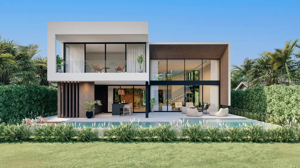 Rear elevation of a modern custom home in The Roads, with full-height glass walls, an open living and kitchen space, pool, lounge seating, and lush garden hedges.