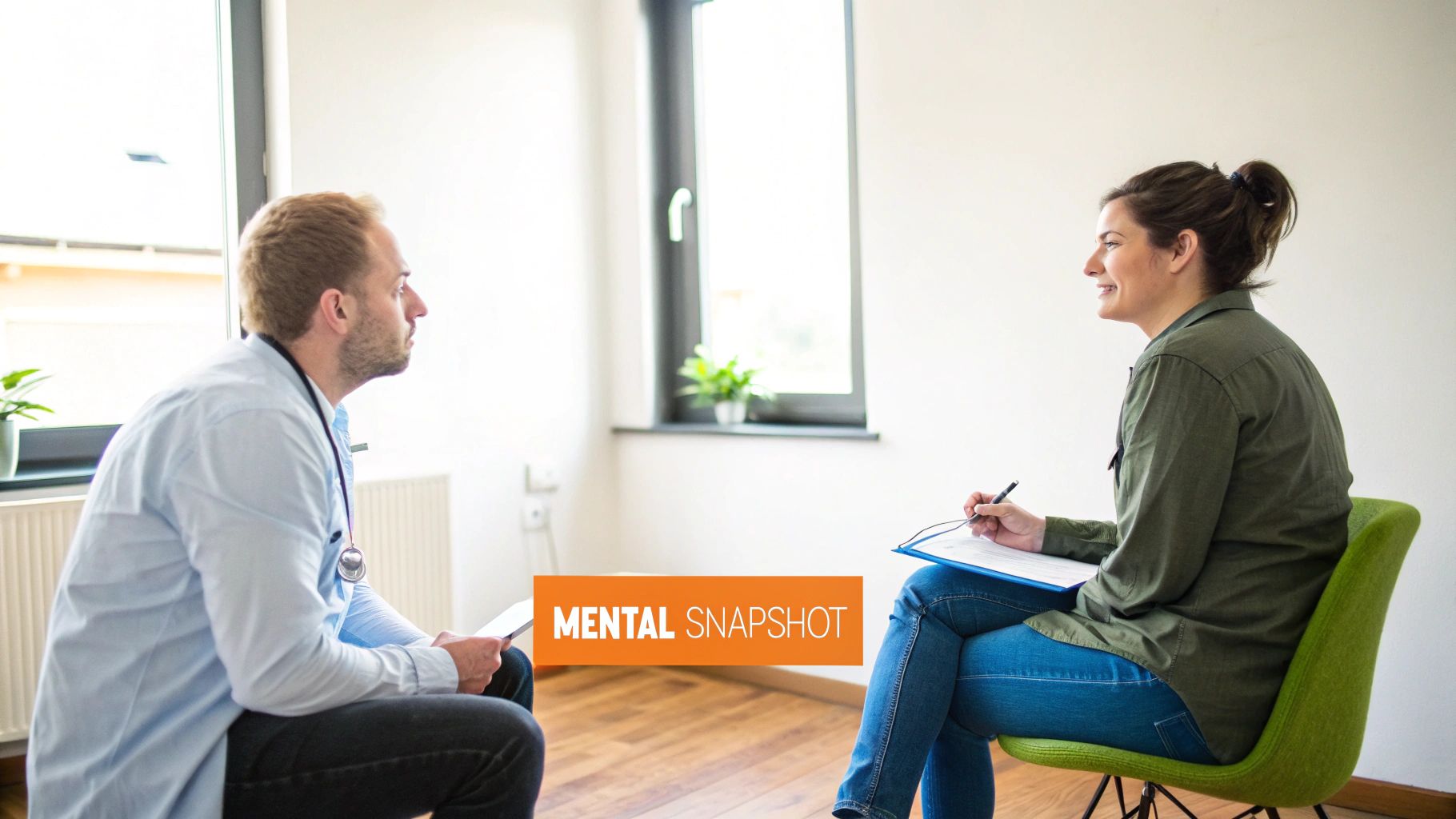 Doctor and patient engage in a therapy session, with the patient taking notes.