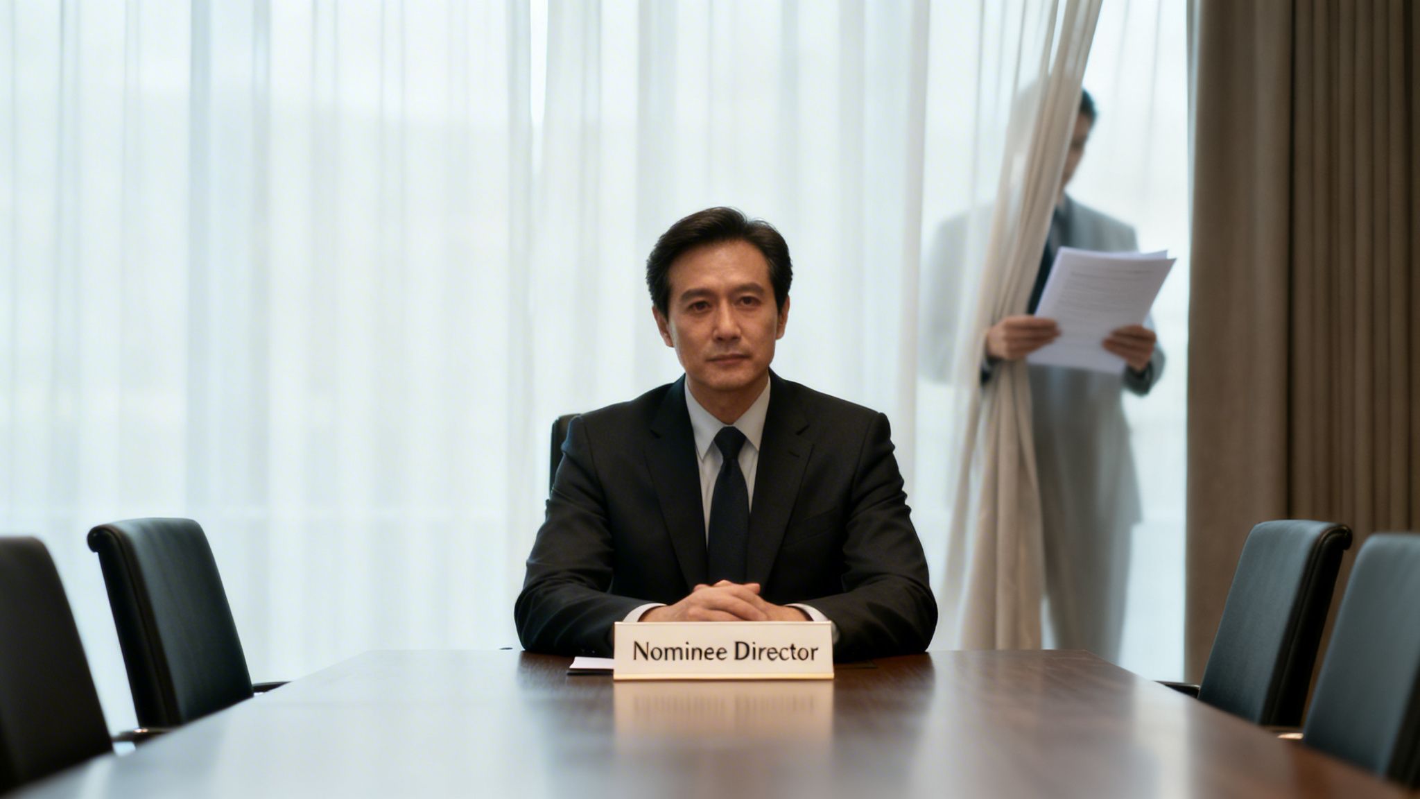 A serious nominee director in a suit sits at a conference table, with another person in the background.