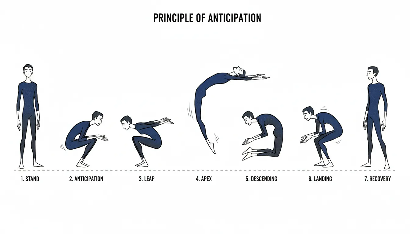 A 2D animation motion study illustrating the principle of anticipation. A sequence of keyframes shows a stylized, lanky character performing a jump, arranged horizontally on a clean white background. The character design is minimalist with fluid, expressive line art. The poses flow from standing, to a deep crouch, leaping into the air with an arched body, reaching the apex, descending, landing, and returning to a standing pose. The art style features simple black outlines with blocky, textured blue and dark grey shading on the character's form to emphasize weight and movement.