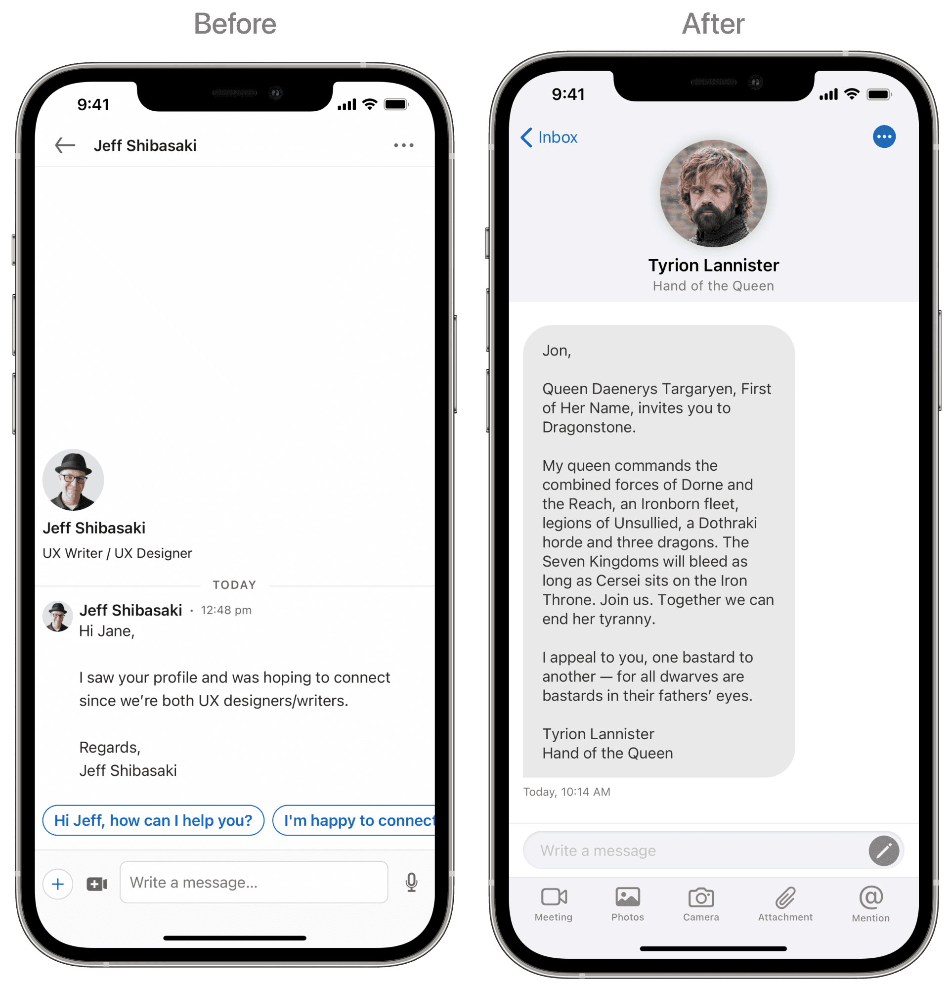 LinkedIn Messaging and Messages screens before and after the redesign