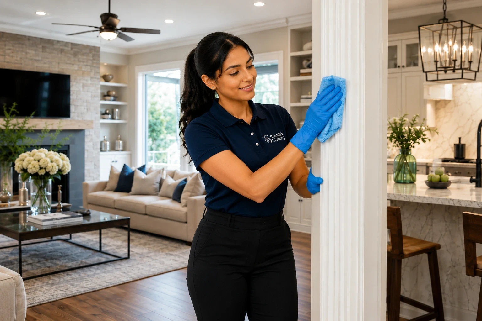 A professional maid with Brenda's Cleaning service meticulously wiping down white interior trim and door molding with a blue microfiber cloth. She is wearing a navy blue branded uniform polo, matching cap, black apron, and blue protective gloves. The scene captures residential detailed cleaning services inside a luxury open-concept home, featuring a modern living room and a marble-countertop kitchen in the background.