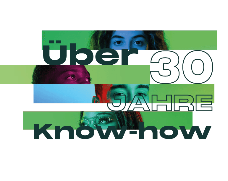 Grafik mit Porträtausschnitten von Menschen unterschiedlicher Herkunft in kräftigen Farben, kombiniert mit dem Text ‚Über 30 Jahre Know-how‘. Symbol für Vielfalt, Erfahrung und zukunftsorientierte Kompetenz im Team.