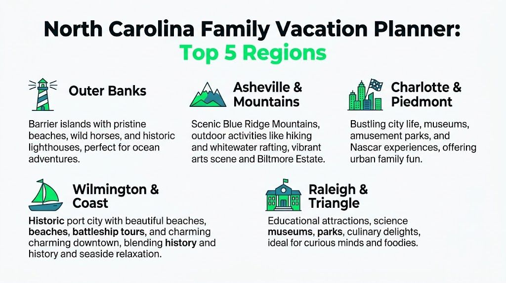 A travel infographic titled North Carolina Family Vacation Planner displaying the top five recommended tourist regions.