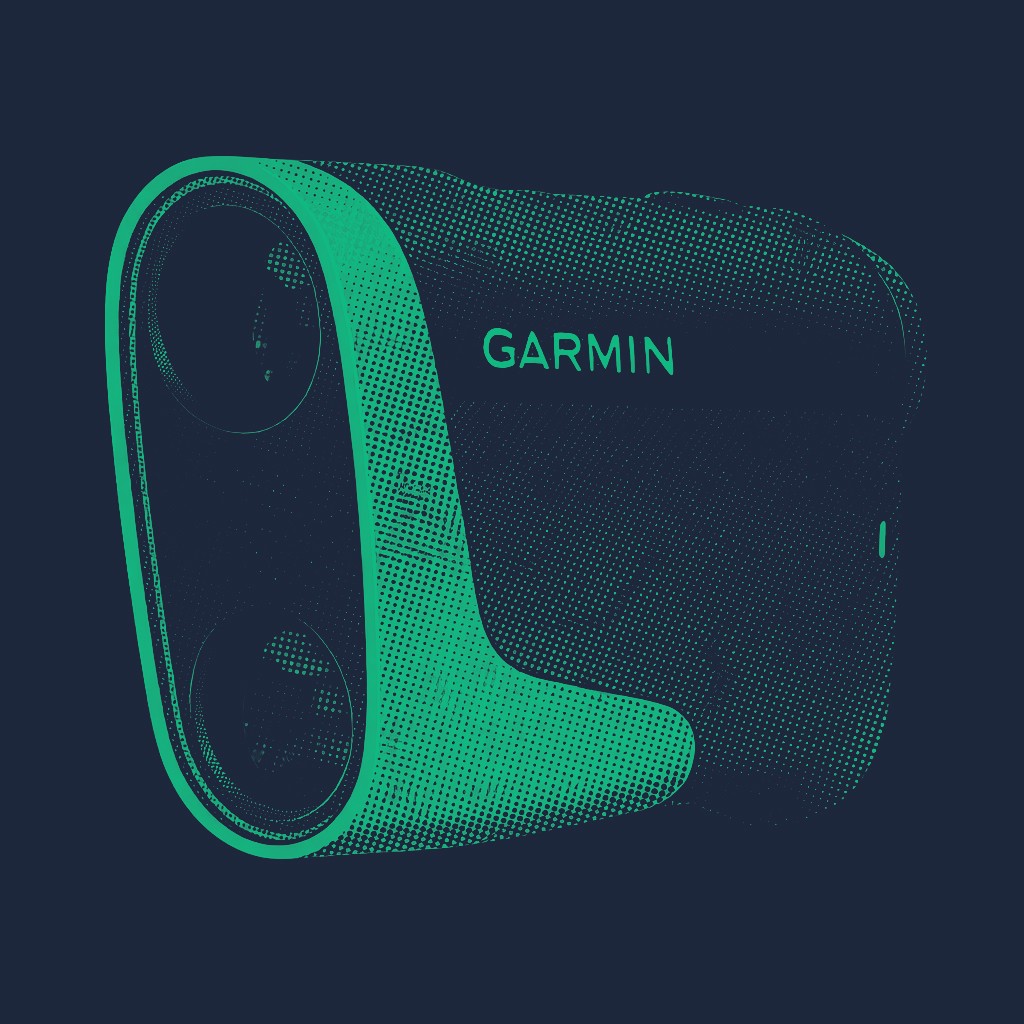 A Garmin brand laser rangefinder rendered in a green and black halftone dot pattern.