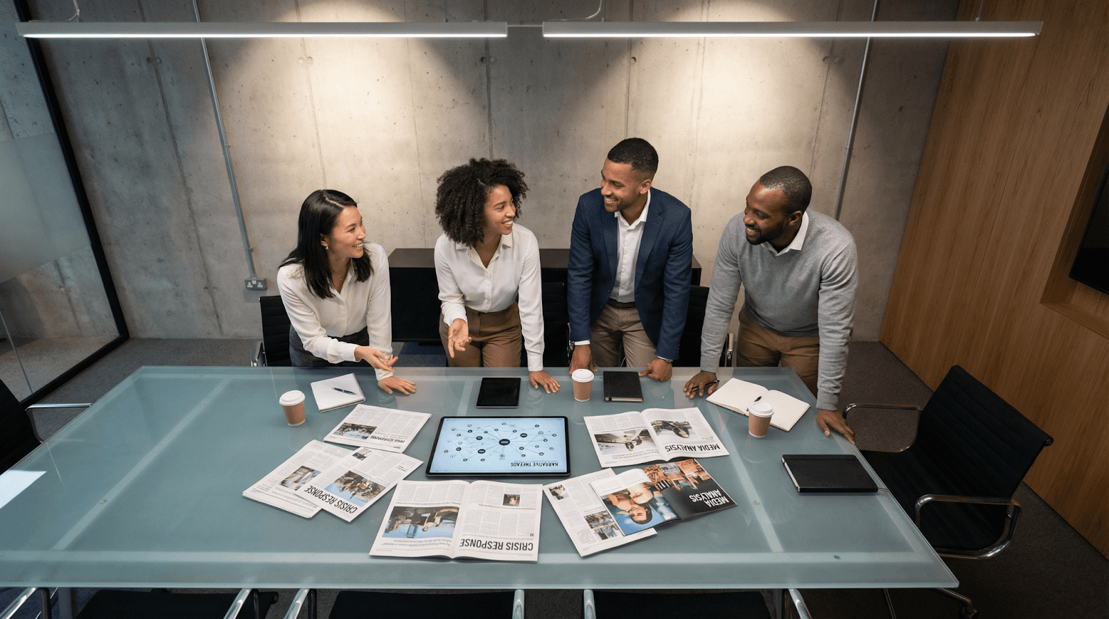 Communications team collaborating around a table analyzing media narrative patterns and coverage data in a modern office setting