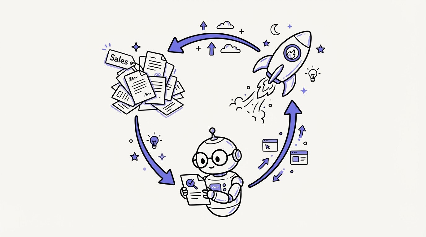 A circular flow diagram showing three steps: a messy pile of sales data, an AI robot analyzing it, and a rocket ship representing autonomous action, connected by a continuous loop.