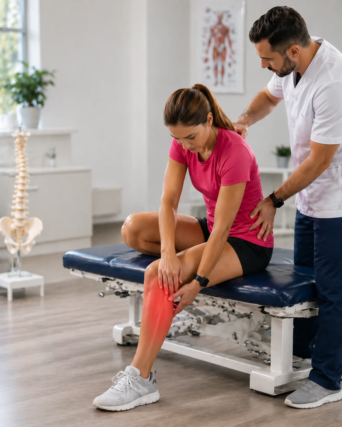 Provider performing a neuromuscular movement assessment for non-surgical pain treatment