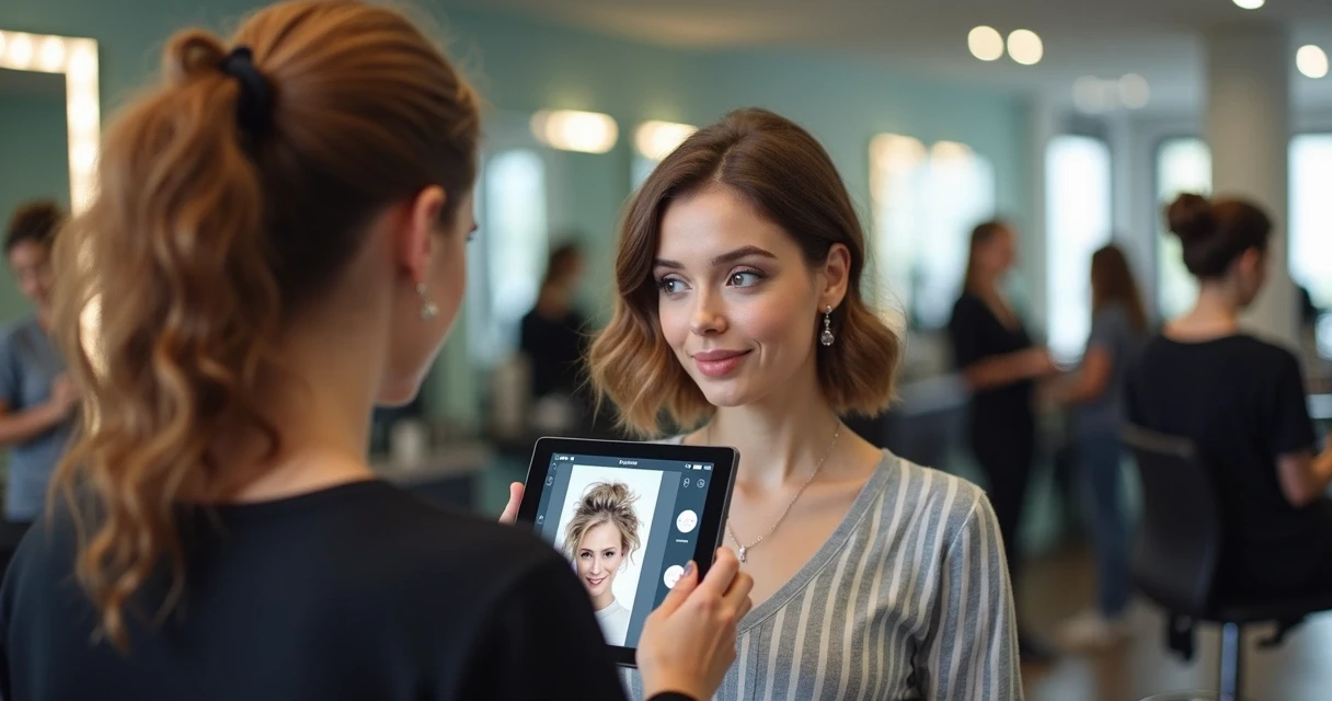 Mulher usando tablet para testar corte de cabelo virtualmente. 