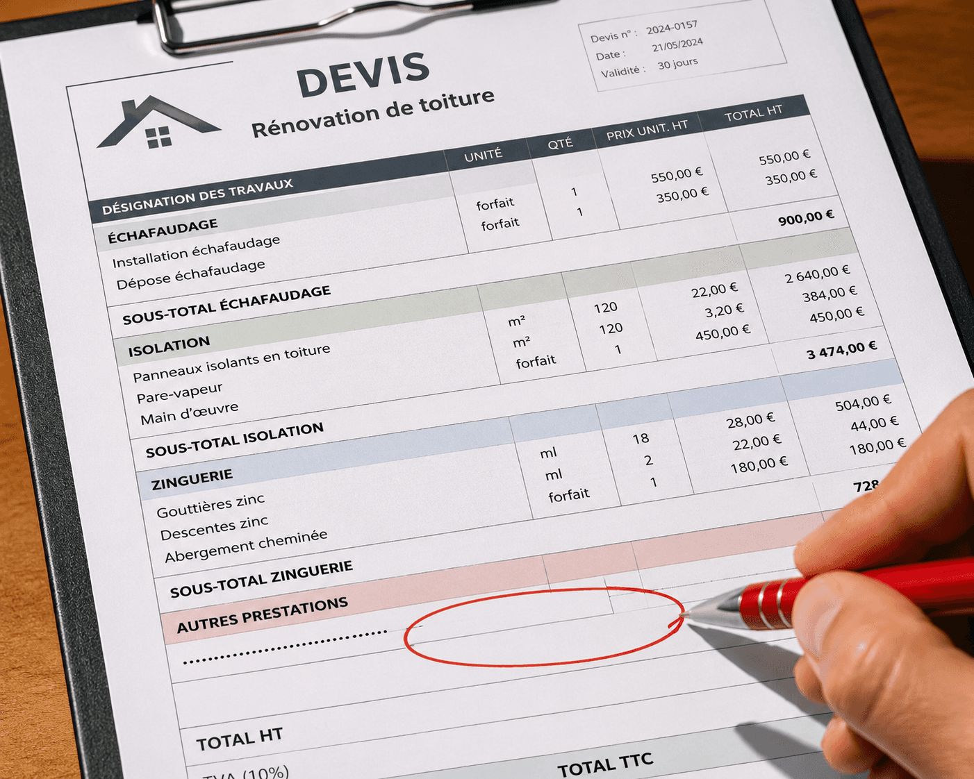 Gros plan conceptuel sur un devis de toiture où un stylo met en évidence les lignes clés pour illustrer la détection des coûts cachés et des postes manquants.