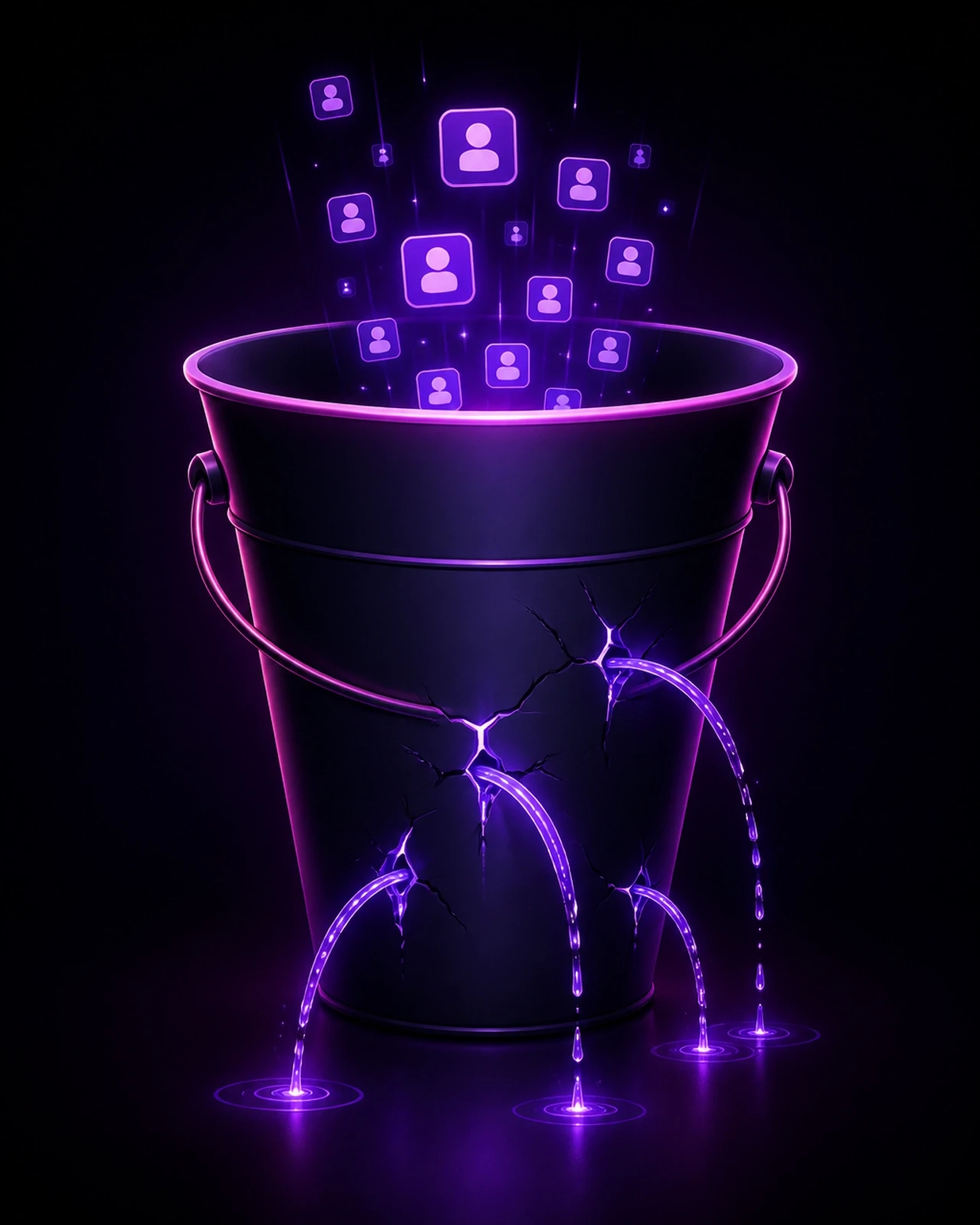 Minimalist vector illustration of a digital funnel or 'leaky bucket' concept with luminous magenta outlines and glowing violet data leaking out.