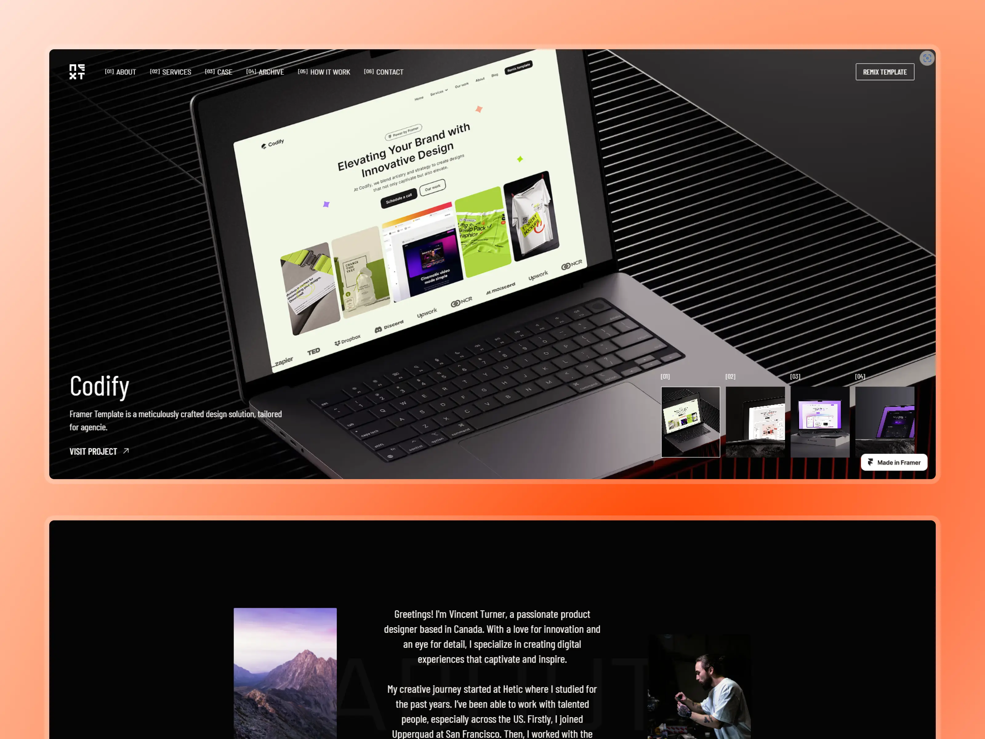 Nexto Framer template mockup on laptop screen showcasing agency portfolio layout and project thumbnails