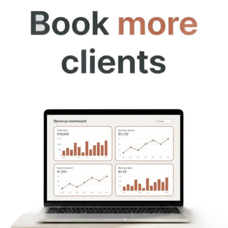 Laptop graphic showing “Book more clients” for 100 business revenue AI prompts for menopause coaches