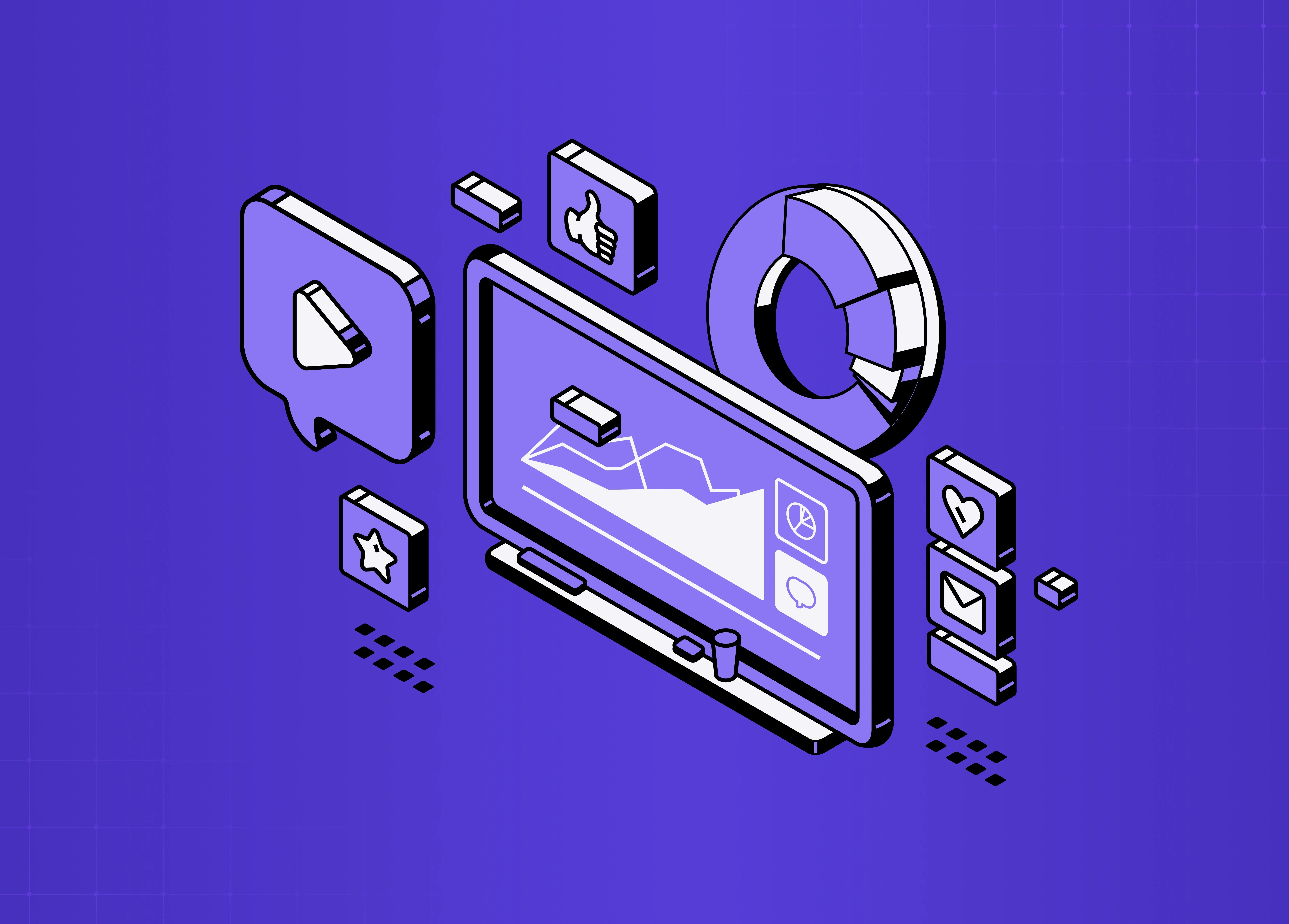 Isometric illustration of a digital analytics dashboard with engagement icons, charts, and marketing performance visuals.