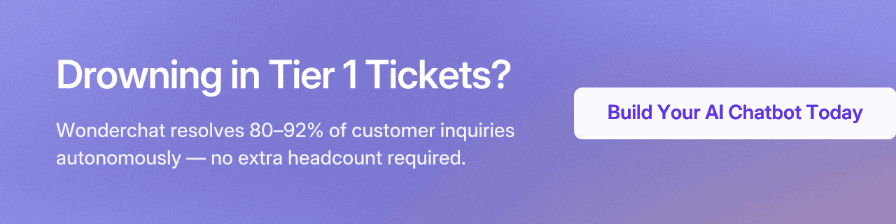 Drowning in Tier 1 Tickets? Wonderchat resolves 80–92% of customer inquiries autonomously — no extra headcount required.