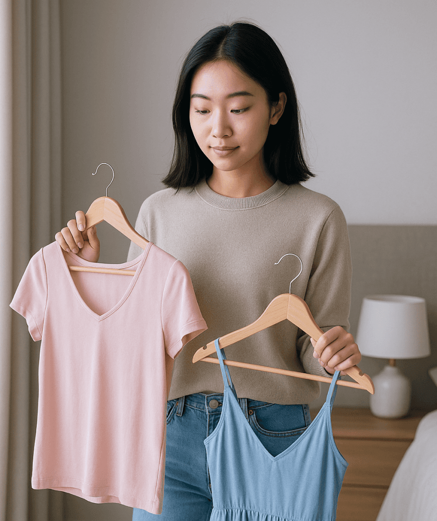 Woman trying on clothes at home while using BRB’s 15-minute wait feature
