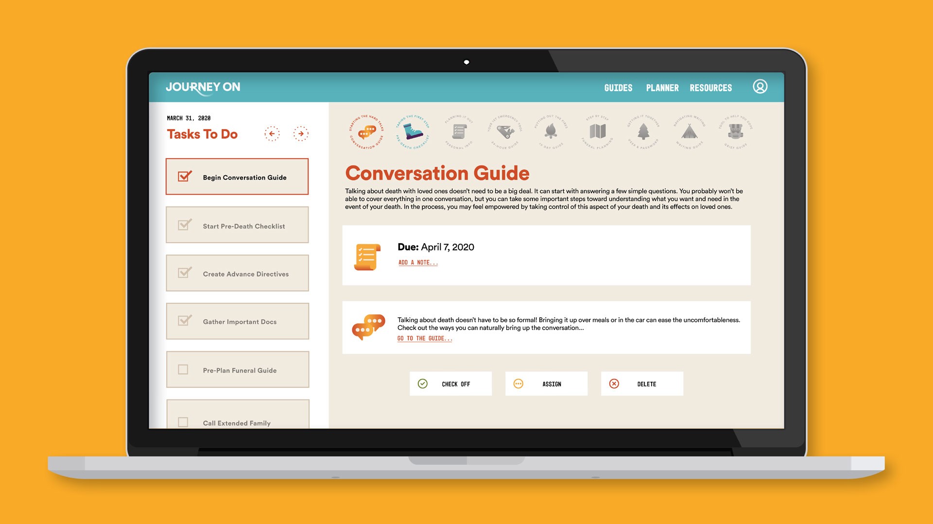 A laptop screen displays a digital "Conversation Guide" interface. The guide is titled "Conversation Guide" in bold text and includes sections like "Begin Conversation Guide," "Start Pre-Death Checklist," "Create Advance Directives," "Gather Important Documents," "Pro-Plan Funeral Guide," "Call Extended Family," "Due April 7, 2020," "Add A NOTE...", "Check OFF," "ASSTON...", "DELETE," and "GO TO THE GUIDE." Each section has checkboxes and icons. The laptop rests on an orange surface.