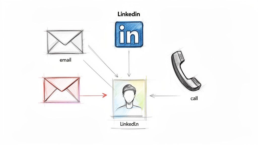 Illustration showing various sales prospecting methods: email, LinkedIn, and phone calls targeting a prospect.