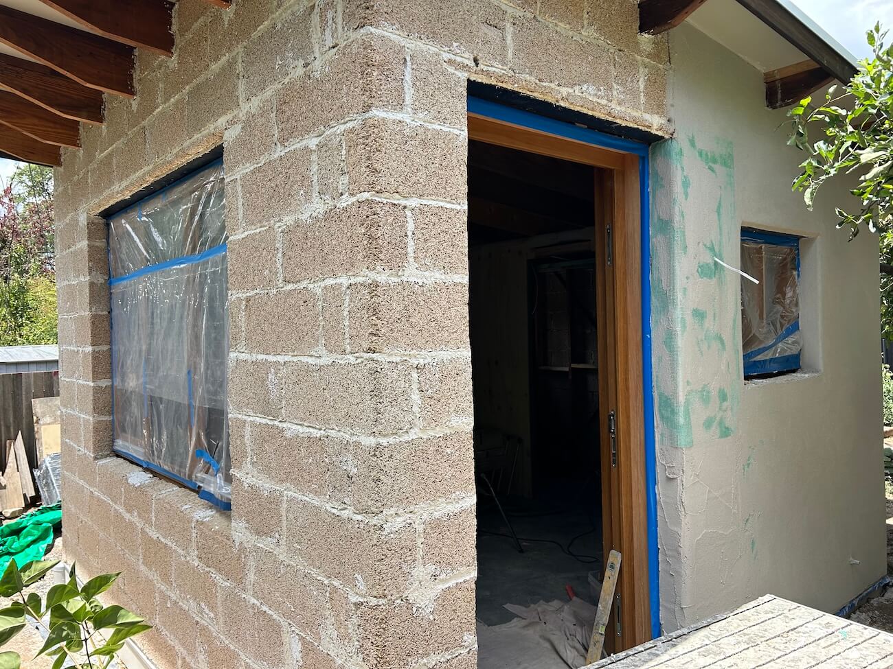 a studio showing how the hempcrete blocks have been used as an external cladding