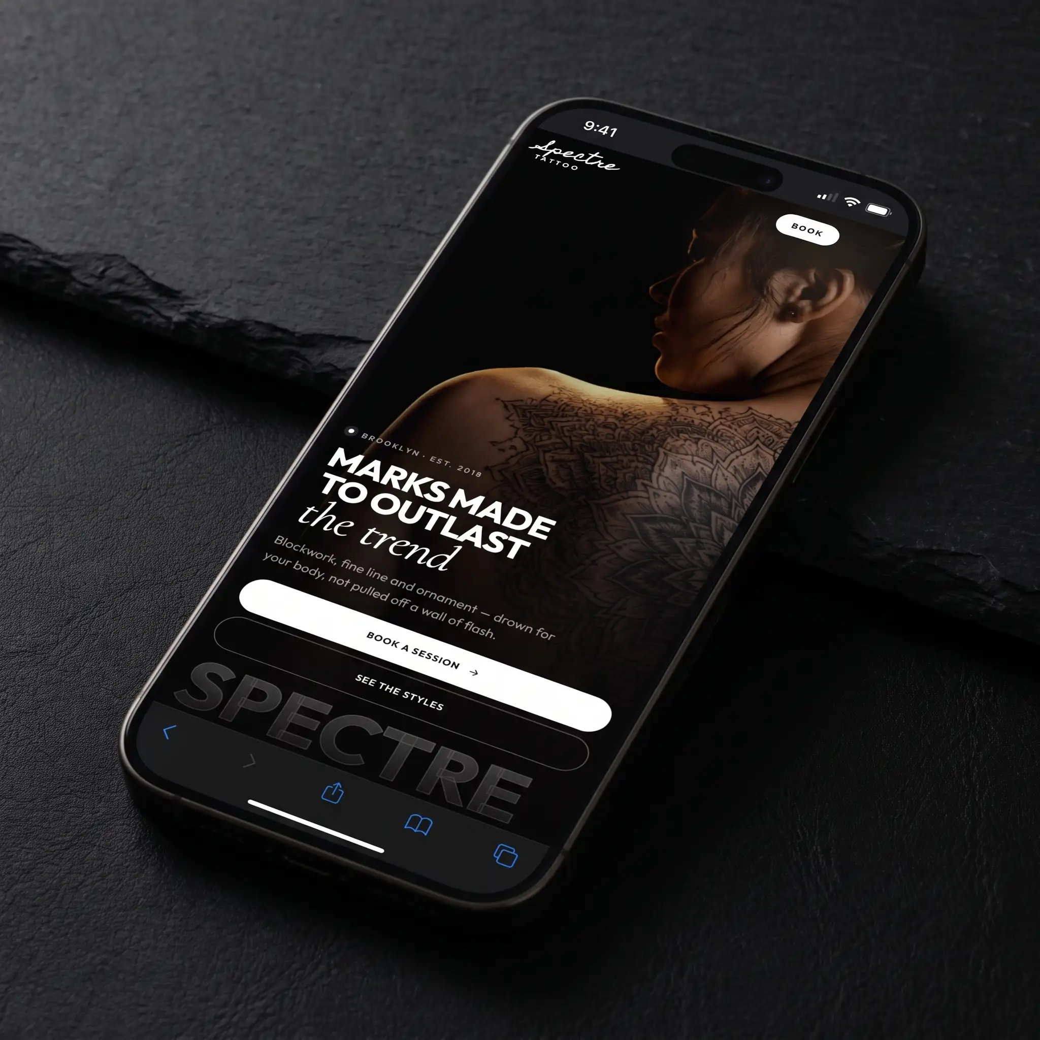 Spectre Tattoo studio website on mobile — tattoo studio website design for iPhone