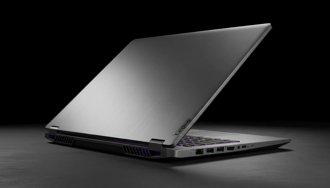 DSLR product photograph, low-angle three-quarter back view of a silver Lenovo Legion gaming laptop on a dark desk. Cinematic contrast and dramatic studio lighting highlight the matte aluminum texture of the lid against a solid black background. The laptop is partially open, with its purple RGB backlit keyboard glowing softly. The rear I/O ports are visible and in sharp focus.