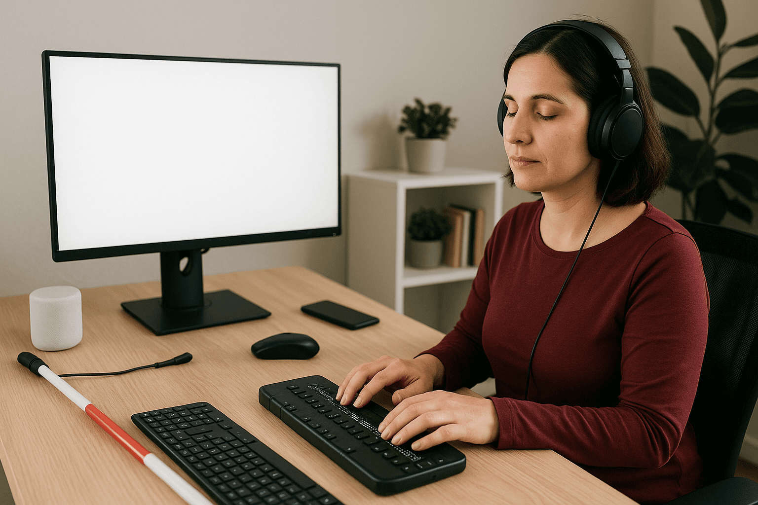 Eine geburtsblinde Frau mit mittellangem, braunem Haar sitzt konzentriert an einem modernen Homeoffice-Arbeitsplatz. Sie trägt schwarze Over-Ear- Kopfhörer und bedient mit beiden Händen eine Braillezeile. Auf dem Schreibtisch befinden sich ein großer Monitor mit leerem Bildschirm, eine Tastatur, ein Smartphone, eine Computermaus, ein Blindenstock und ein smarter Lautsprecher. Im Hintergrund stehen ein Regal mit Büchern und eine grüne Pflanze. Die Szene wirkt ruhig und freundlich beleuchtet.