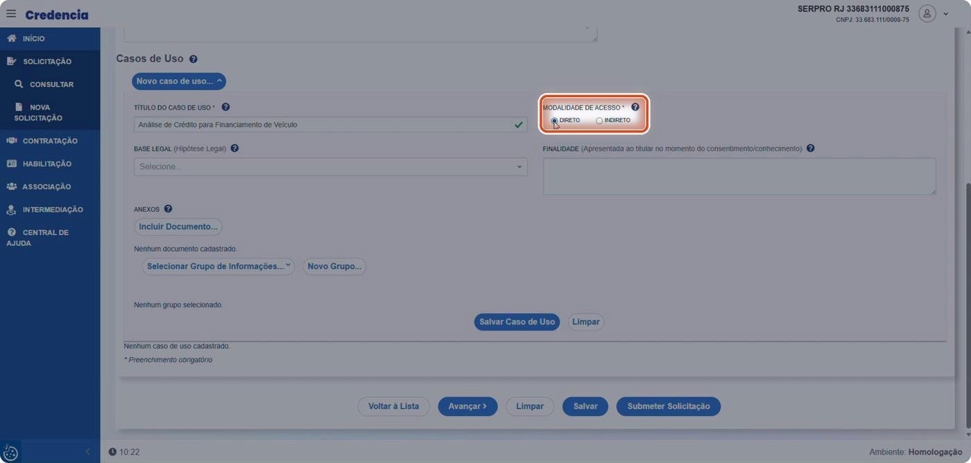 Captura de tela de referência do Credencia para Passo 1 — Selecionar acesso direto ou indireto. Contexto: 08 — Modalidade de Acesso.