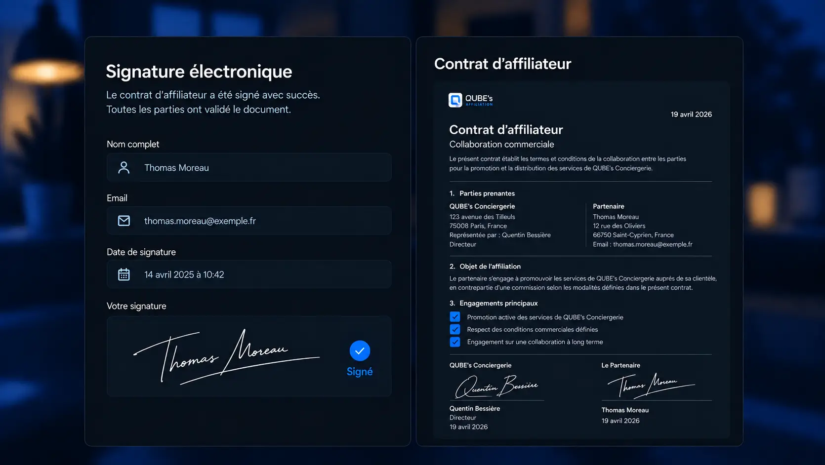 Tableau de bord de l'espace partenaire QUBE's permettant de consulter les demandes d'estimation et de suivre les recommandations immobilières.