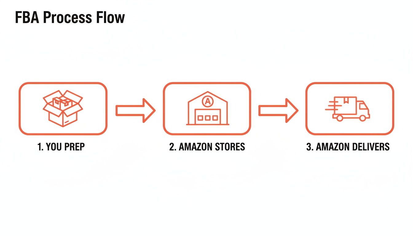 FBA process flow diagram showing steps: preparation, Amazon storage, and Amazon delivery.