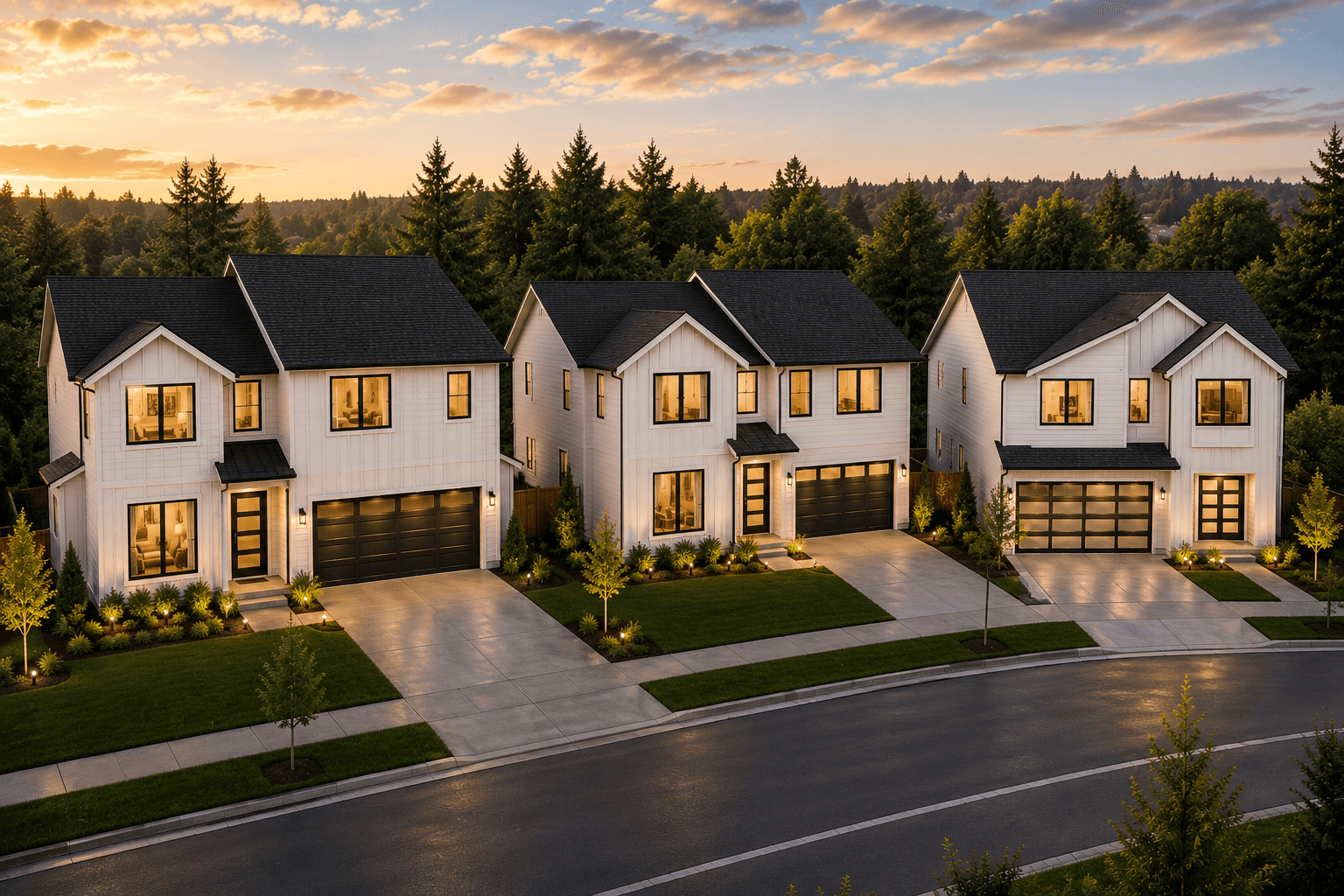 Luxury duplex homes under construction with modern exterior design and suburban neighborhood setting