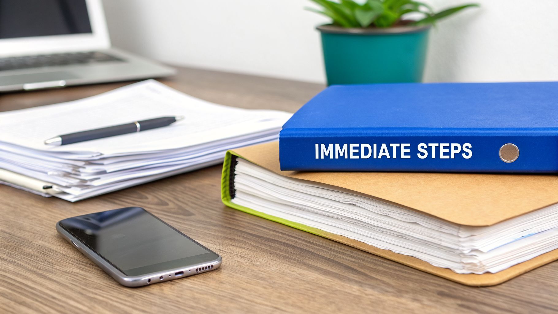 Office desk with an 'IMMEDIATE STEPS' binder, stacked papers, a pen, and a mobile phone.