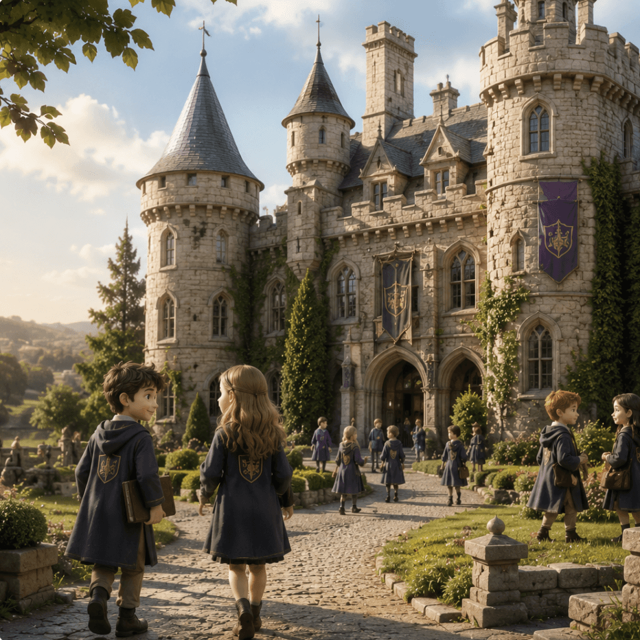 A1 ESL lesson "A school inside a castle" — was/were and describing adjectives