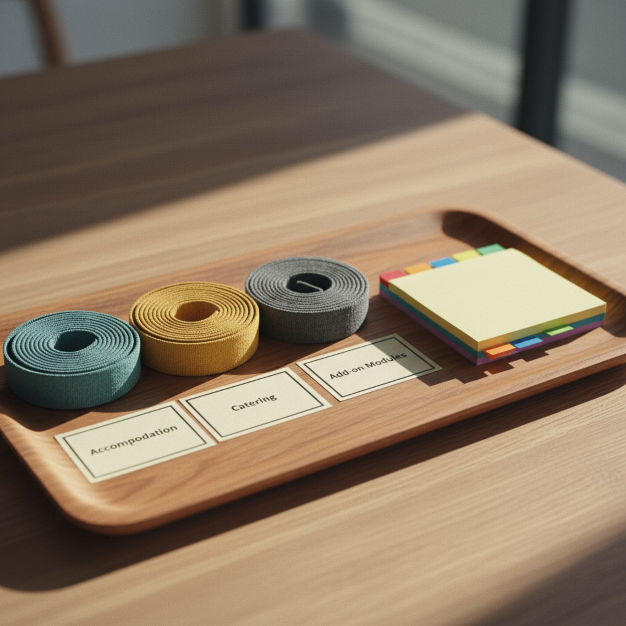 Auf einem Holztablett liegen verschiedenfarbige Bänder und kleine Karten für Unterkunft, Verpflegung und Zusatzmodule. Ein ordentlich gestapelter Block mit sechs markierten Seiten symbolisiert ein Paket. Weiches Licht betont die klare Ordnung. Alles ist bereit, modular kombinierbar und gut nachvollziehbar.