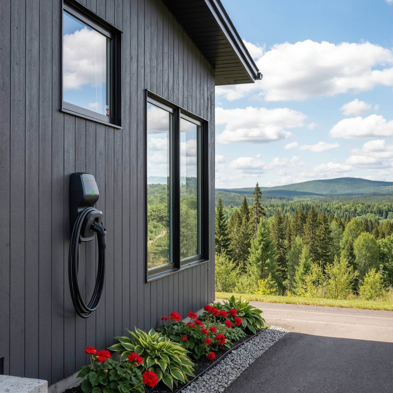 Borne de recharge sur le mur extérieur d'un chalet dans les montagnes