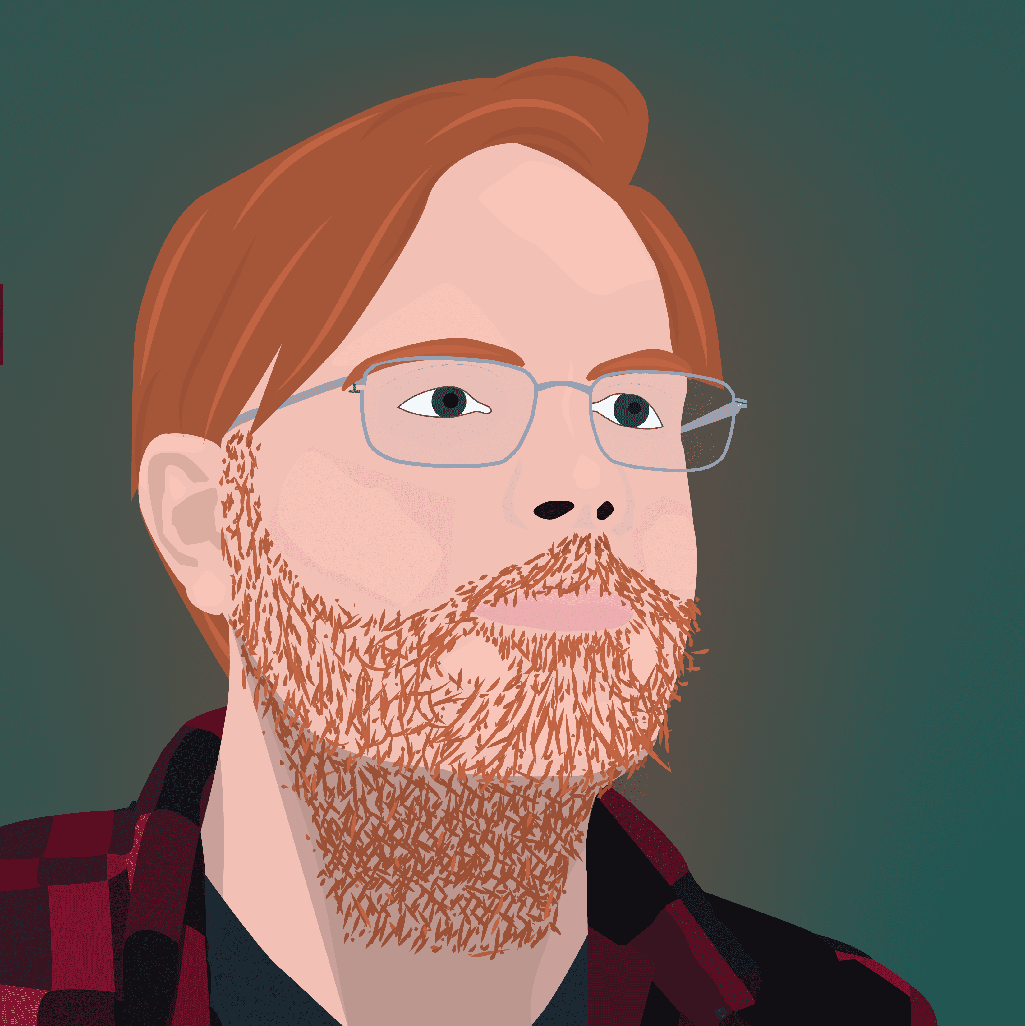 Vector self-portrait illustration of Lawson Hamilton – stylized digital portrait with auburn hair, beard, glasses, and flannel shirt against teal background