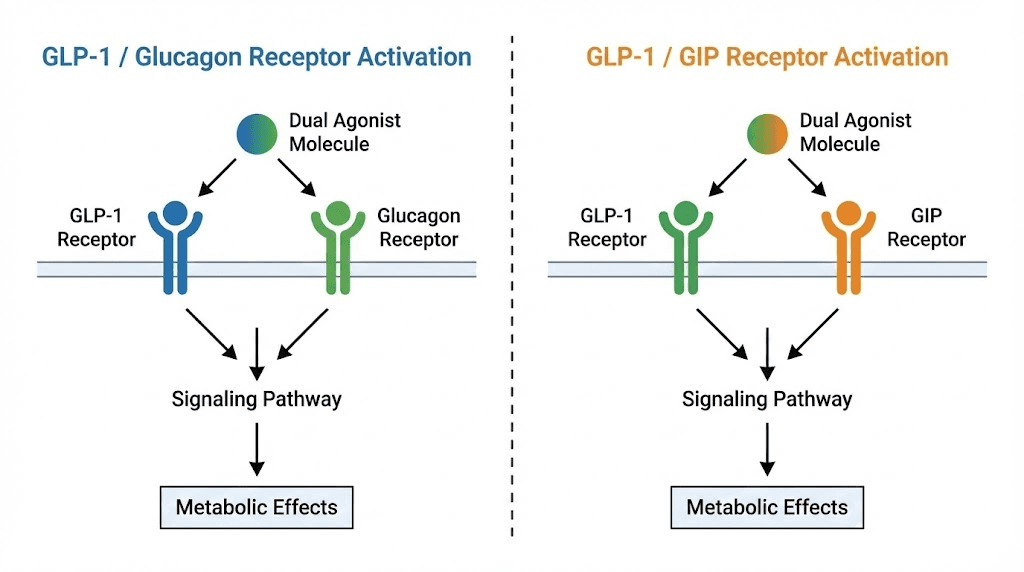 Mazdutide GLP-1/glucagon mechanism versus tirzepatide GLP-1/GIP mechanism