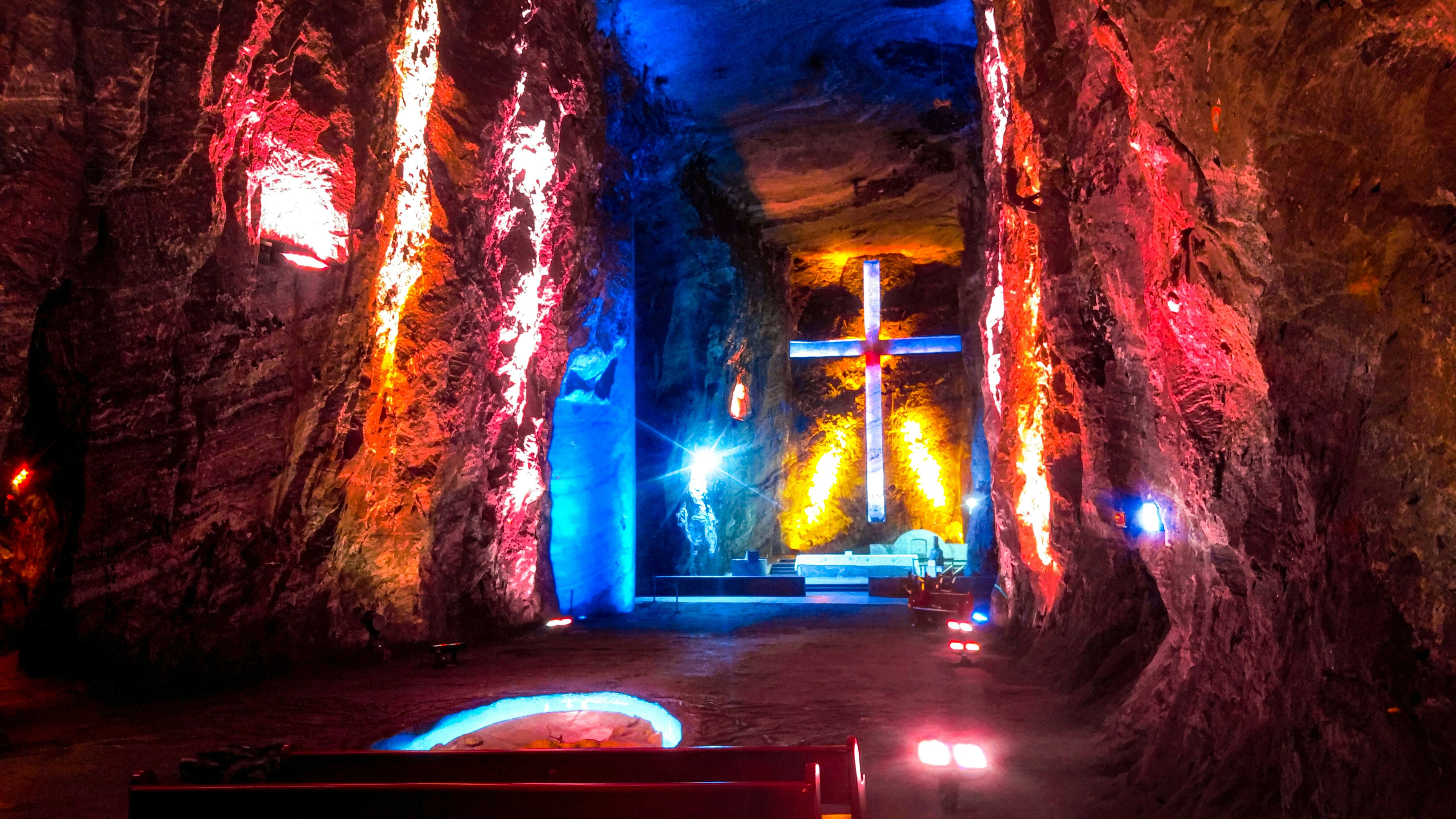 The neon-lit nave of the Catedral de Sal de Zipaquirá