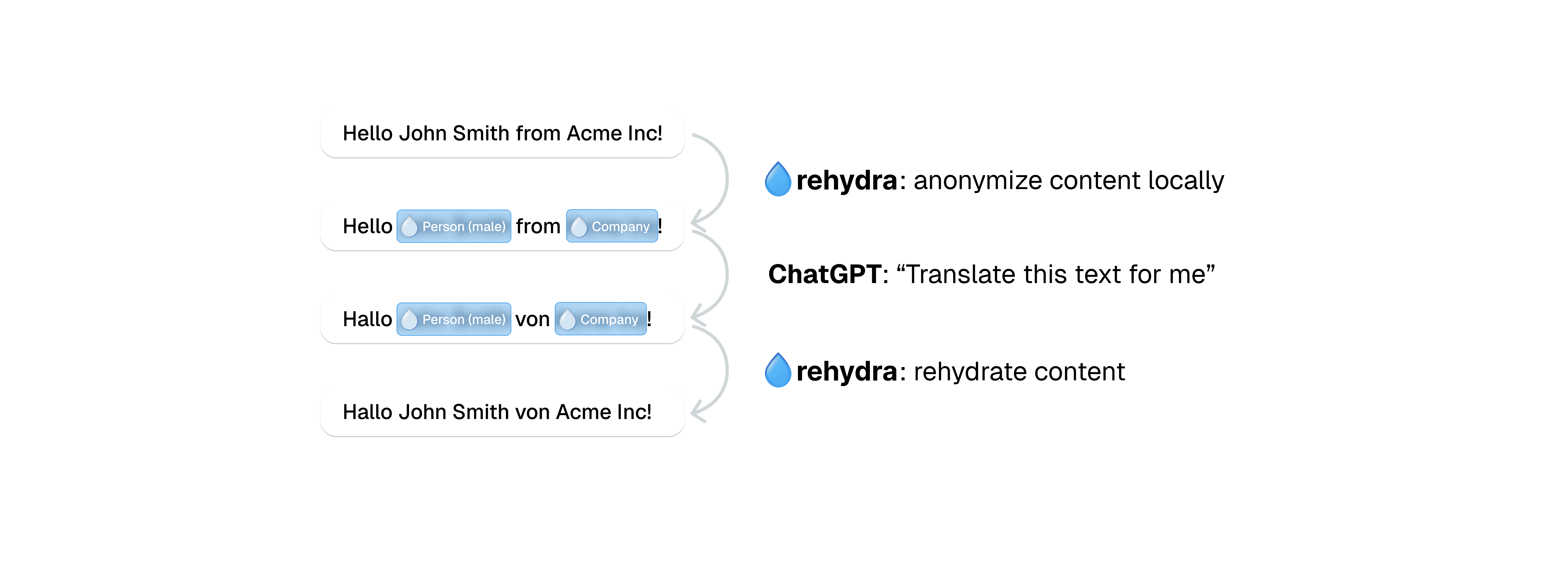 Rehydra anonymizes and rehydrates conten.