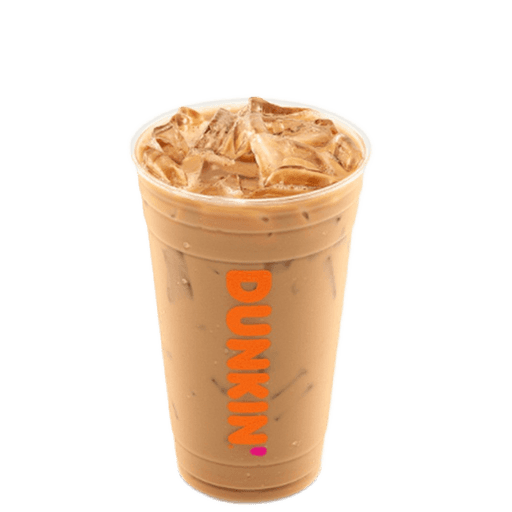 A refreshing Dunkin’ Iced Latte made with smooth espresso, chilled milk, and ice, served in a Dunkin’ cup.