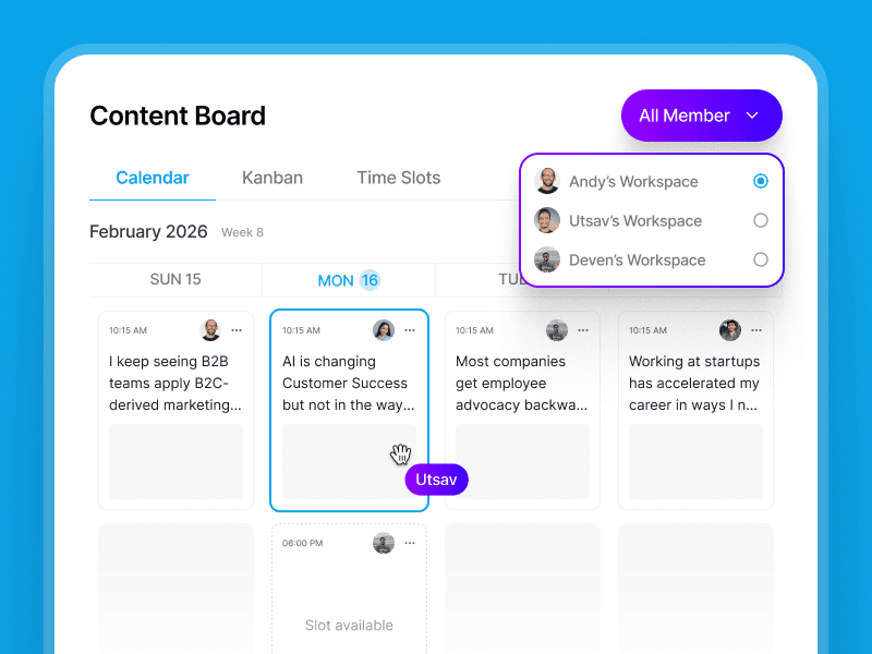 Shared content calendar showing scheduled posts across all team members and workspaces