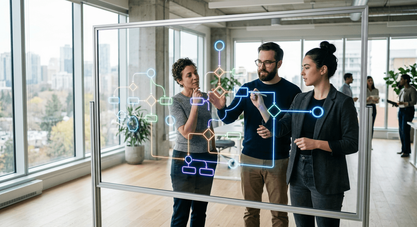 Small agency team collaborating around a digital whiteboard mapping AI-powered workflow architecture