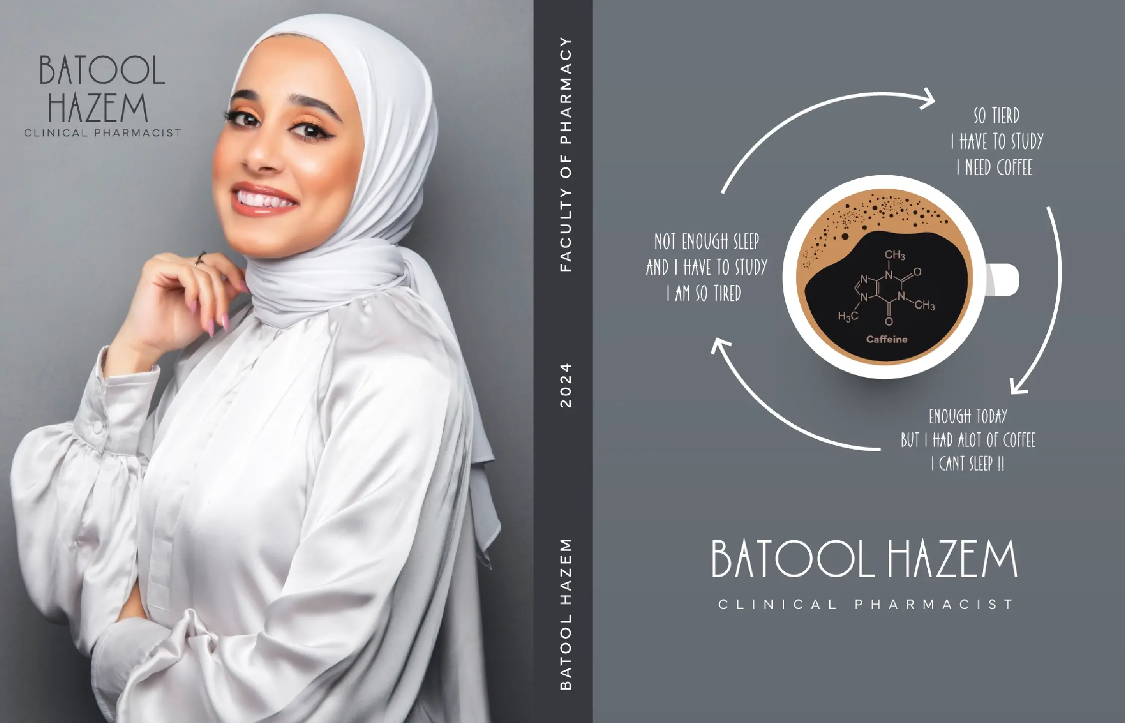 Graduation book for girl wearing white on gray background and coffee cup with circle made by kkdesign.io, kkdesign
