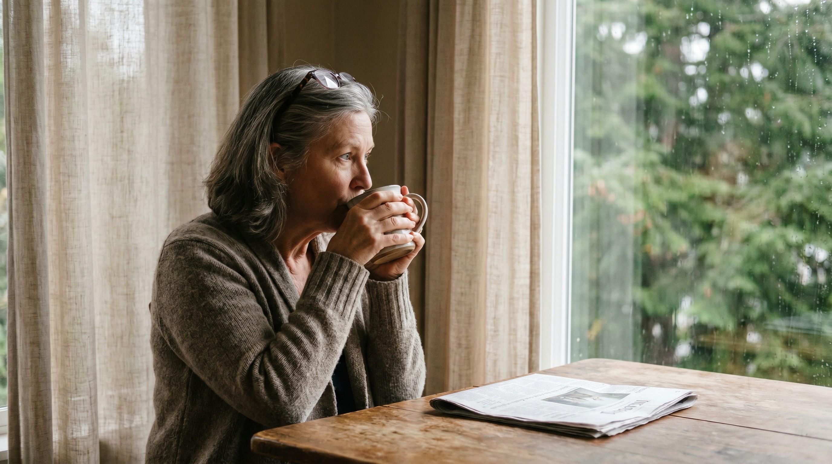 Older woman thoughtfully sipping coffee at a sunlit kitchen table in a Pacific Northwest home