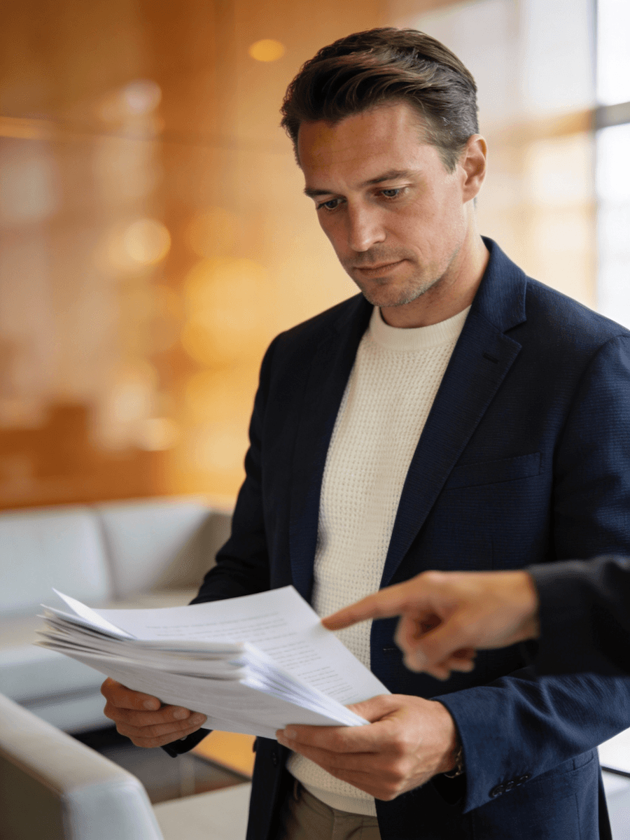 A professional man in a blazer reviews documents in a modern office, with a colleague pointing at the papers, suggesting collaboration.